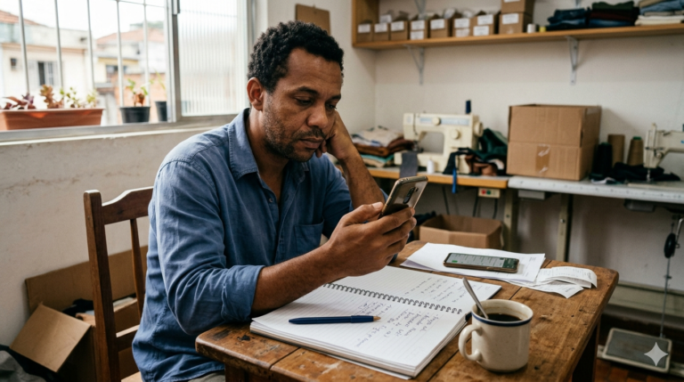 Pequeno empreendedor olhando mensagens acumuladas no WhatsApp do negócio em uma mesa de trabalho simples