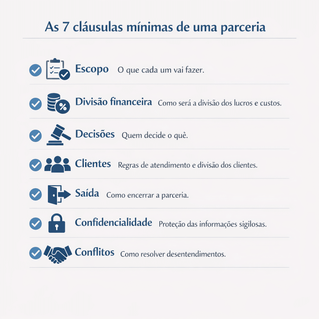 Checklist com as sete cláusulas mínimas de um contrato de parceria.