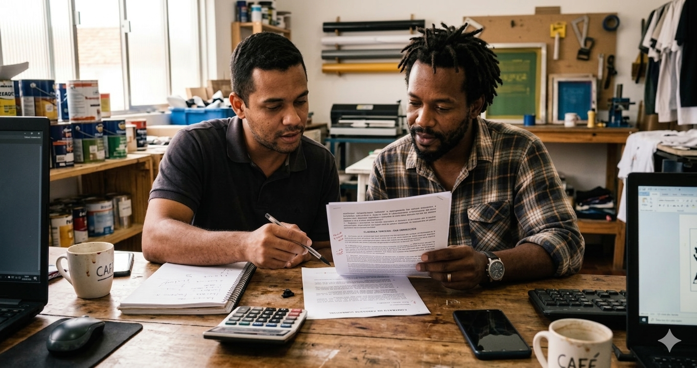 Dois pequenos empreendedores brasileiros analisando um contrato de parceria sobre a mesa.