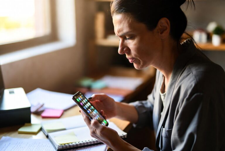 Empreendedora olhando para o celular com expressão de sobrecarga, rodeada de cadernos e anotações do negócio sobre a mesa