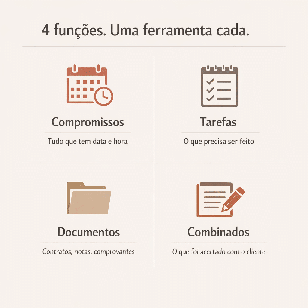 Infográfico com as 4 funções do sistema mínimo de organização: compromissos, tarefas, documentos e combinados com clientes