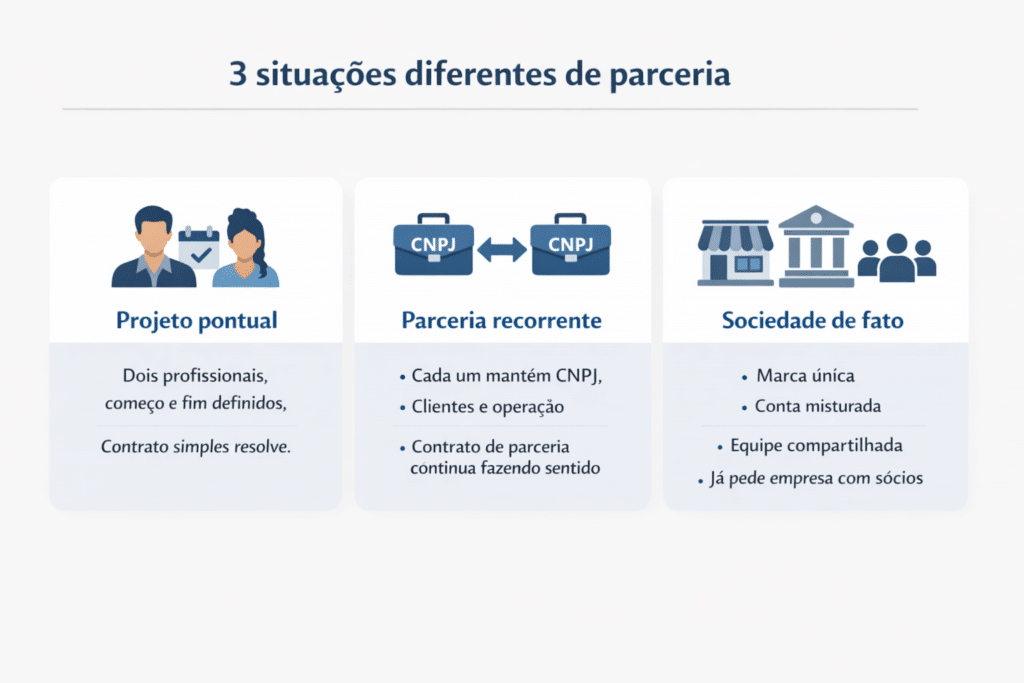 Infográfico com três formatos de parceria entre pequenos empreendedores.
