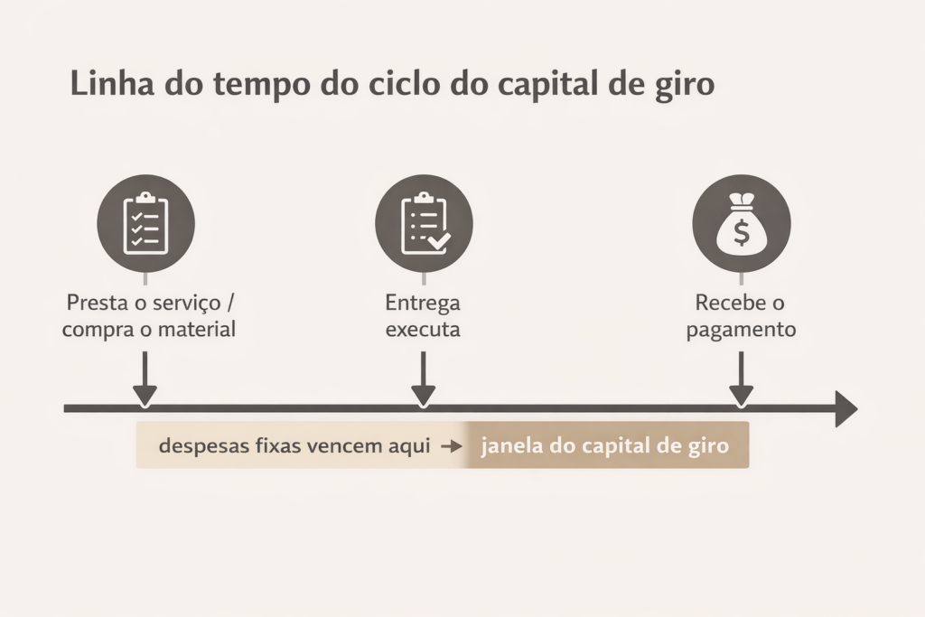 Linha do tempo do ciclo do capital de giro — da prestação do serviço ao recebimento, com a janela de despesas no meio
