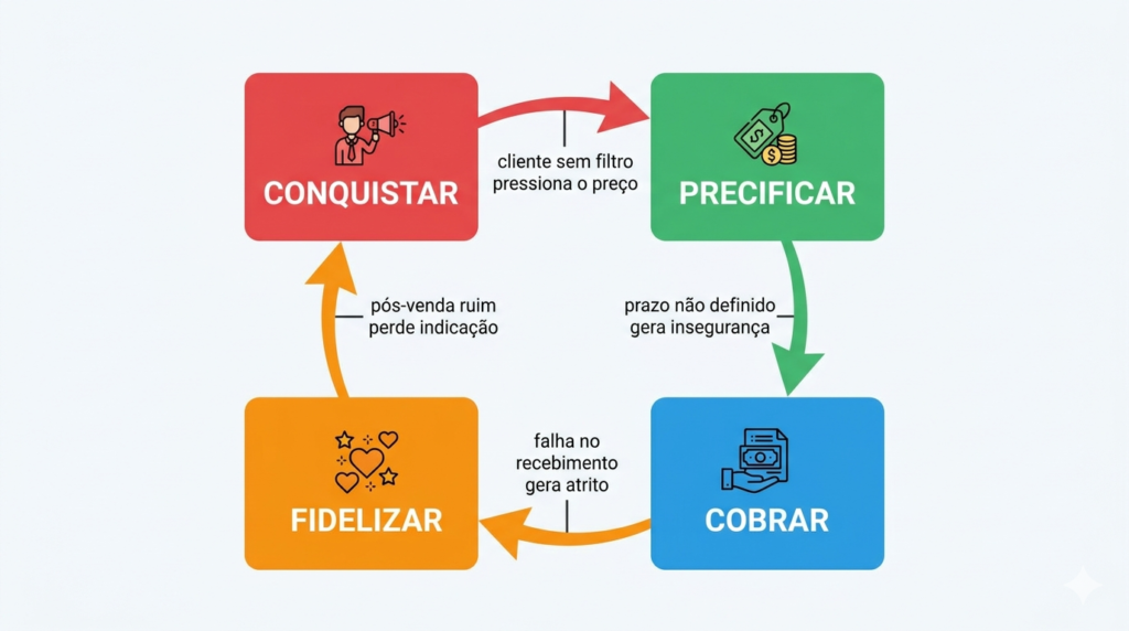 Infográfico com as 4 fases do ciclo de gestão de clientes do MEI
