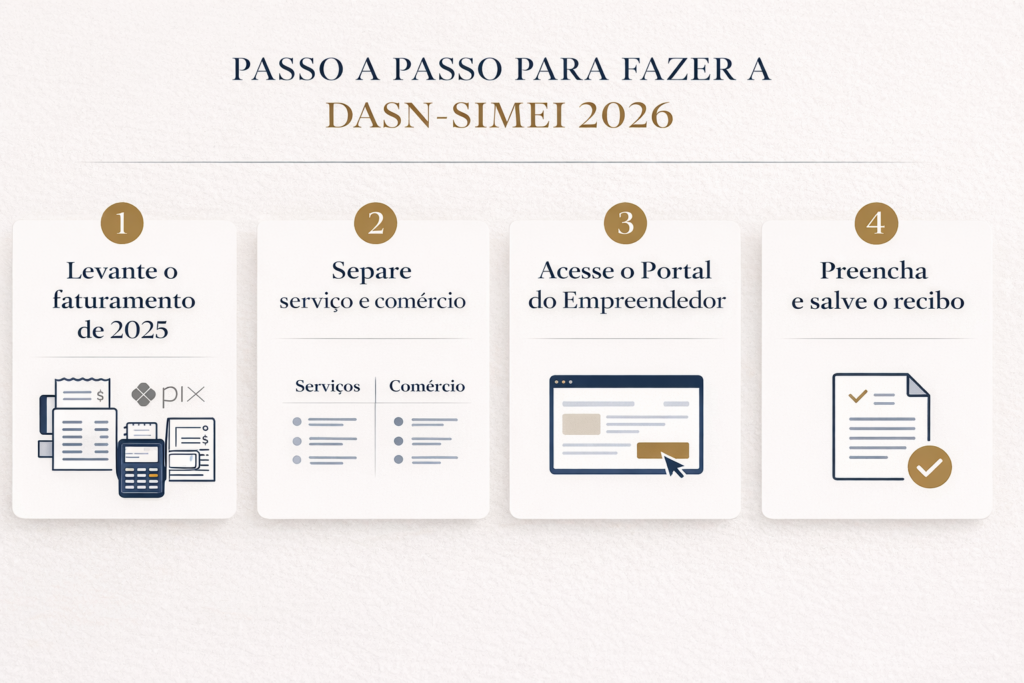 Infográfico mostrando o passo a passo para fazer a DASN-SIMEI 2026
