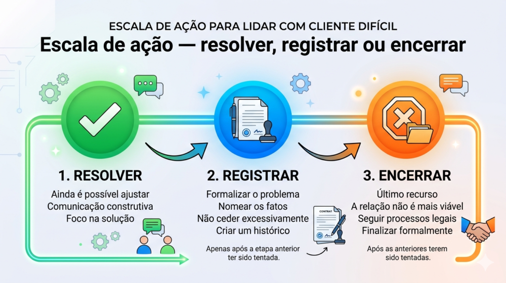 Infográfico com escala de três posições para lidar com cliente difícil: resolver, registrar ou encerrar