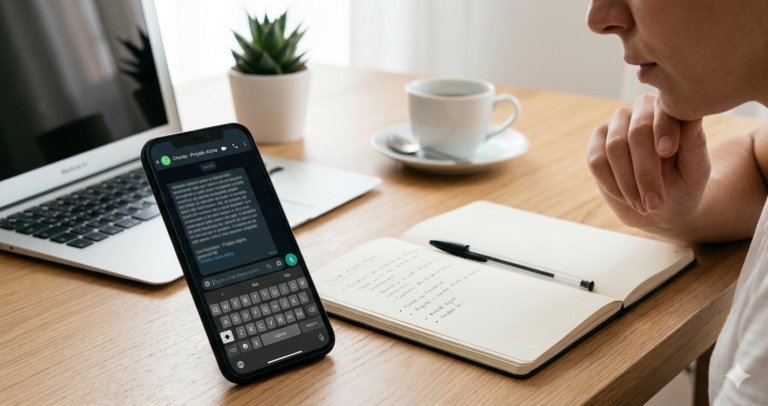 Mesa de trabalho com celular exibindo mensagem de cliente sem resposta