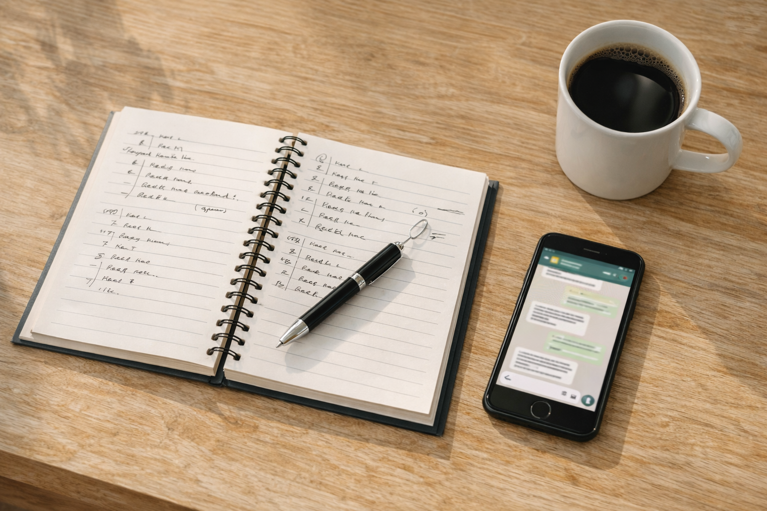 Mesa de trabalho com caderno, celular e anotações — rotina de organização do MEI.