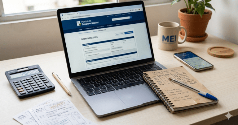 Mesa com celular, anotações e comprovantes usada para preparar a declaração anual do MEI - DASN