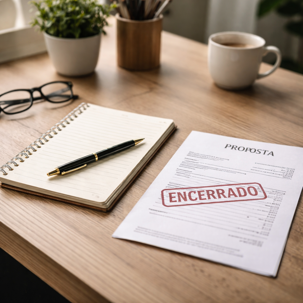 Mesa de trabalho com proposta encerrada, representando como encerrar proposta sem resposta de cliente