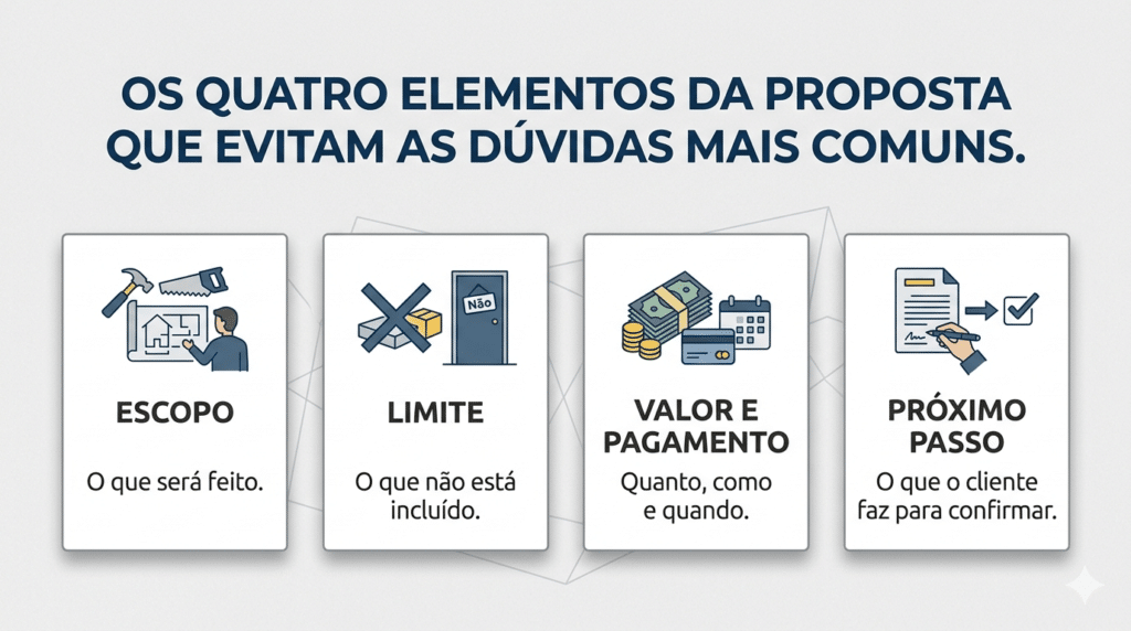 Infográfico com os quatro elementos essenciais na estrutura de uma proposta de serviço