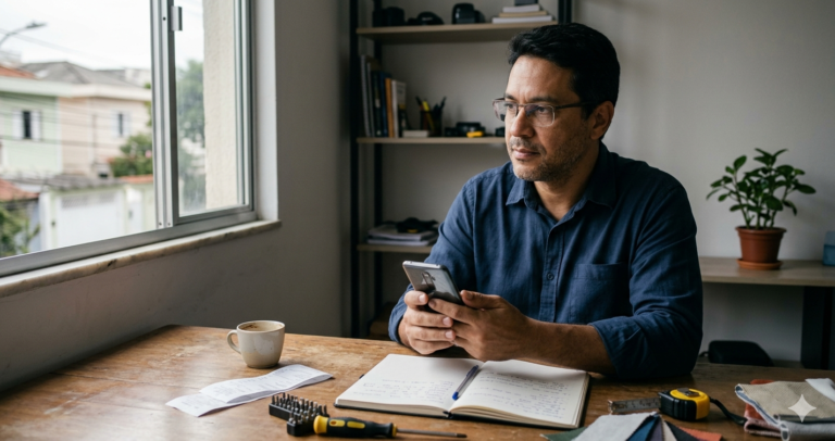 Celular com mensagem de orçamento sem resposta sobre mesa de trabalho, representando cliente sumiu depois do orçamento