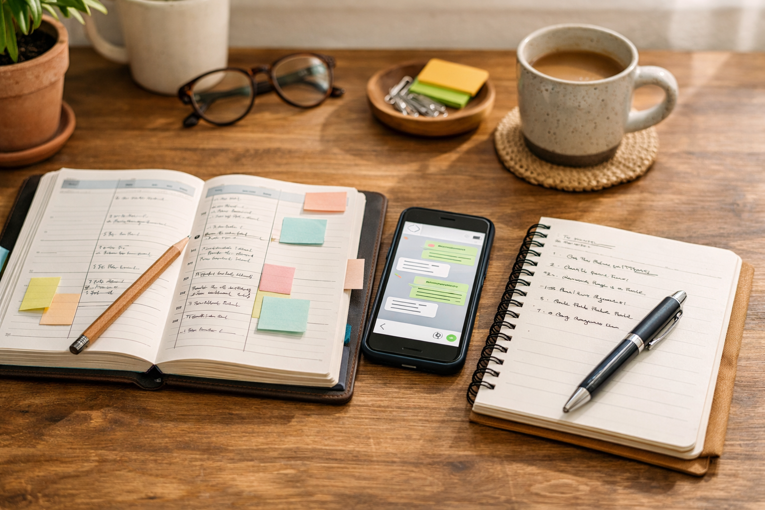 Mesa de trabalho com agenda e smartphone, representando gestão de clientes para MEI