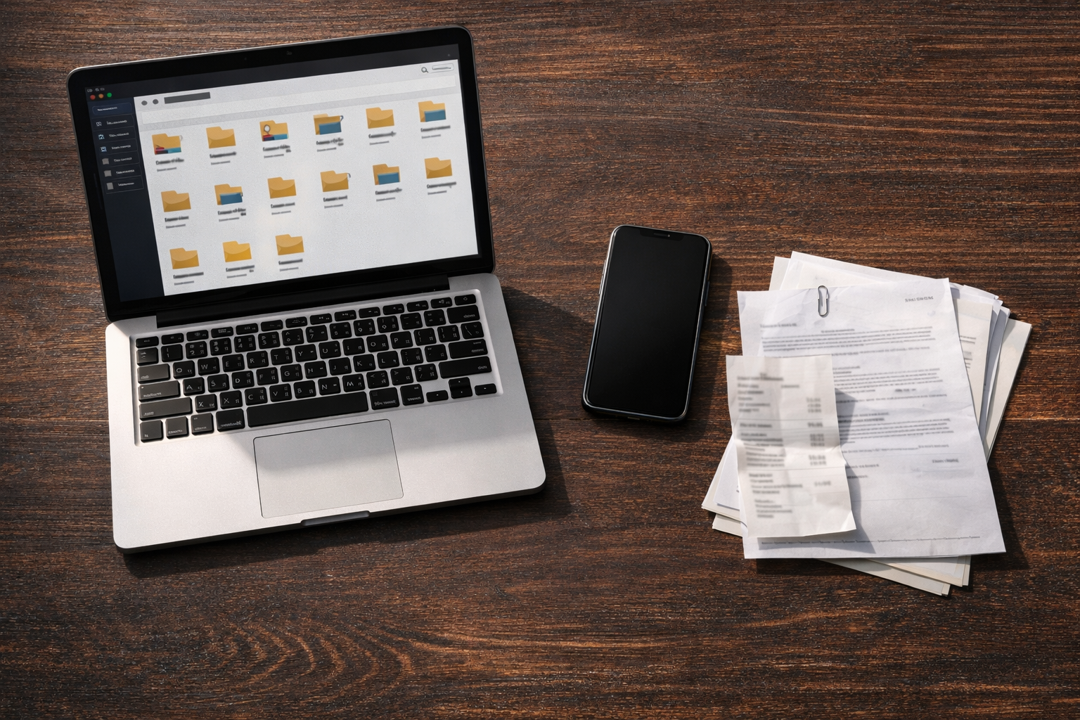 Documentos do negócio sobre mesa de trabalho — comprovante, caderno e celular representando organização de arquivos do MEI.