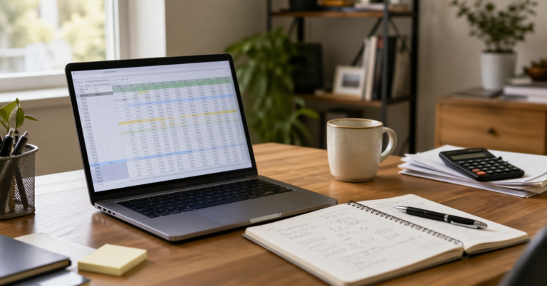 Mesa de trabalho de microempresário com planilha aberta e caderno de anotações — diagnóstico de negócio que não cresce