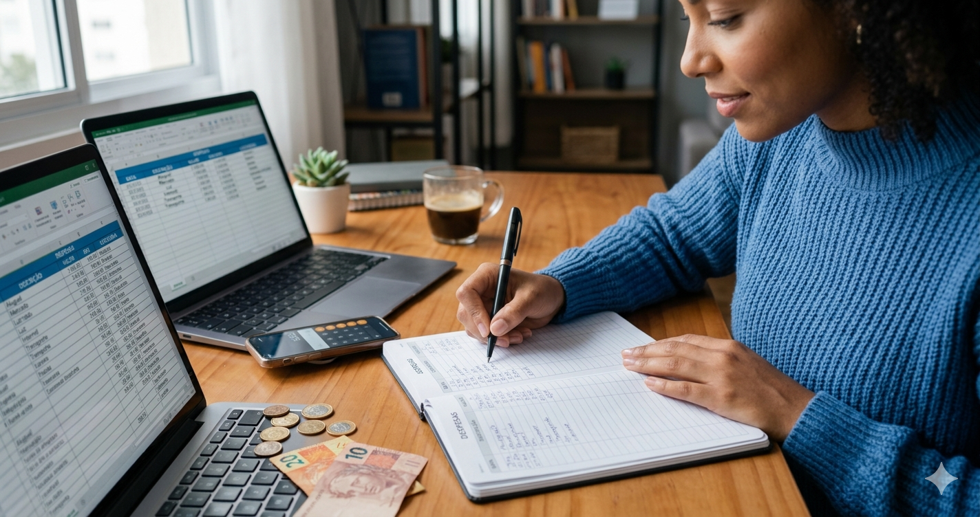 Mesa com notebook aberto em planilha de controle financeiro MEI e celular com notificação de Pix