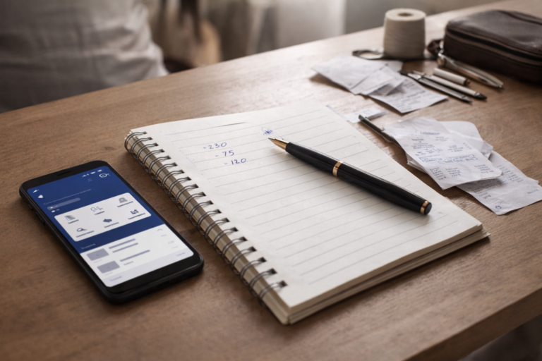 Mesa de trabalho de uma microempreendedora com celular, caderno e comprovantes, sugerindo separação entre conta pessoal e conta do negócio.
