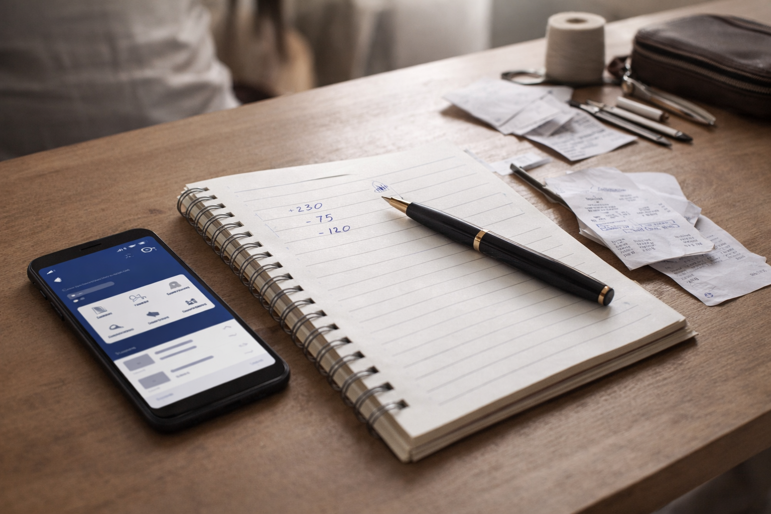 Mesa de trabalho de uma microempreendedora com celular, caderno e comprovantes, sugerindo separação entre conta pessoal e conta do negócio.