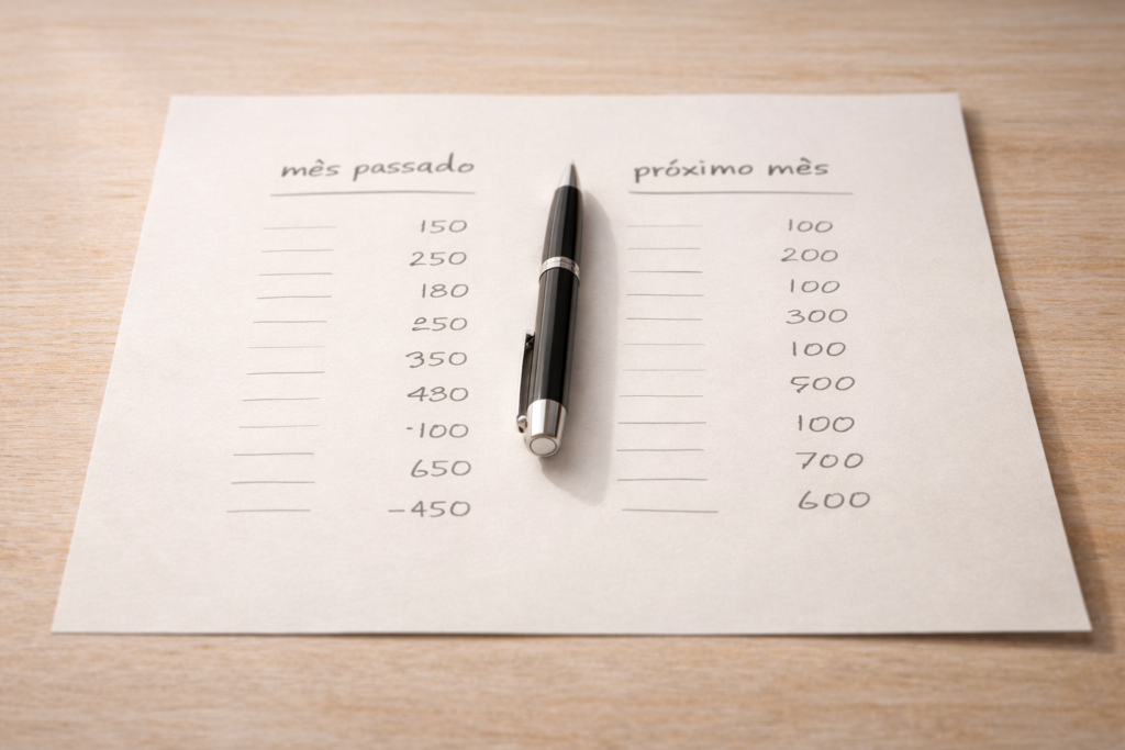 Folha com duas colunas manuscritas — registros do mês passado e estimativas para o próximo — representando o planejamento financeiro do MEI